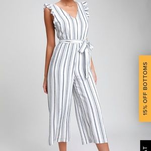 Lulu’s navy blue and white stripe jumpsuit